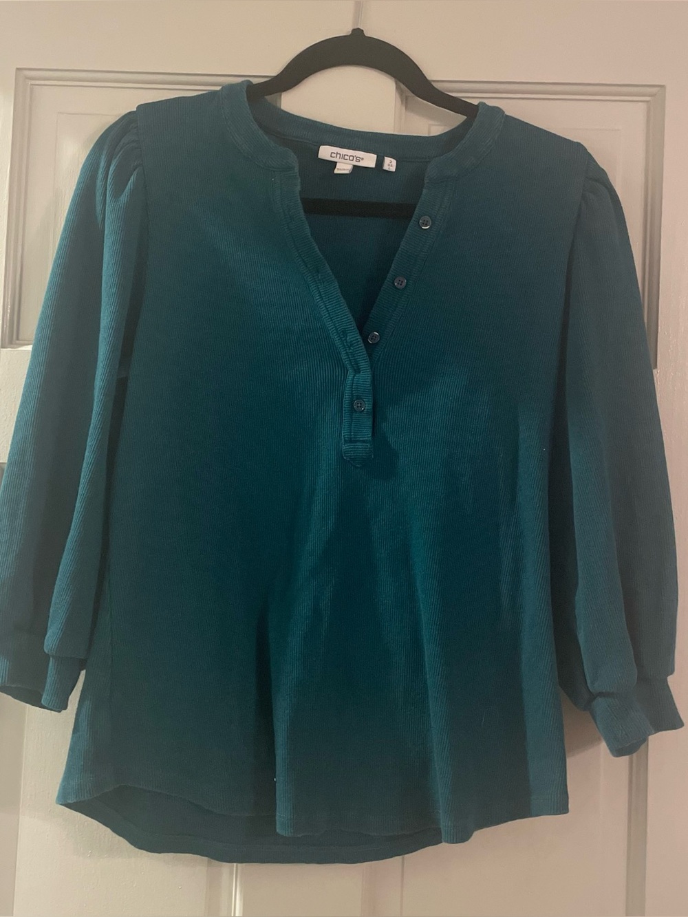 Chico's Teal Button-Down Puff-Sleeve Top